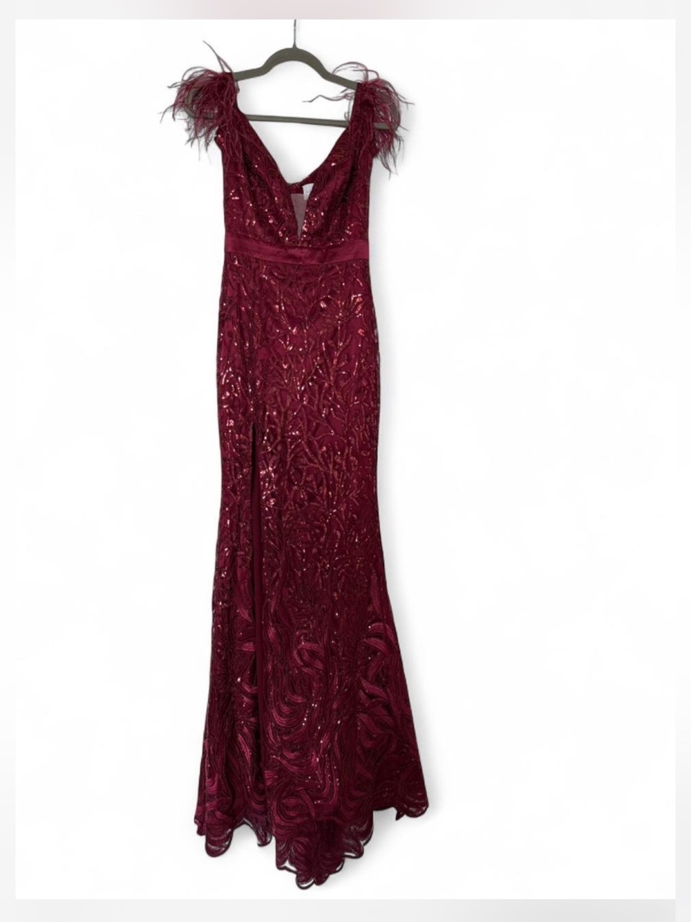 Alamour The Label Burgundy Sequin Maxi Dress with Feathered Shoulders